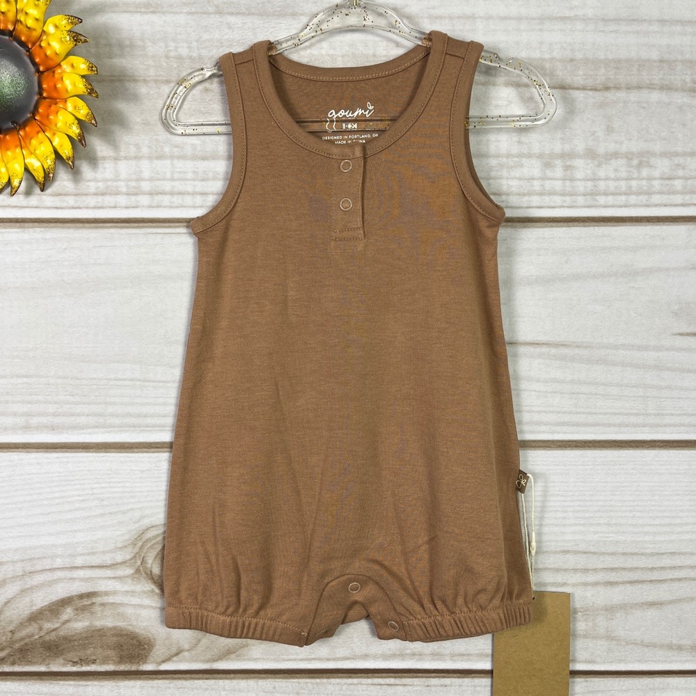 Goumi Organic Bamboo Cotton Henley Bubble Romper Ginger‎ Brown 3-6M NWT